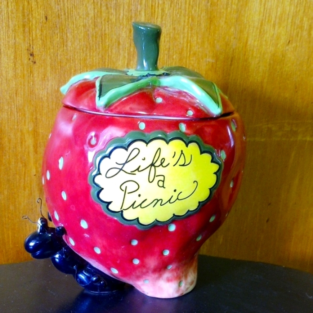 Life's a Picnic Red Strawberry Ceramic Cookie Jar by